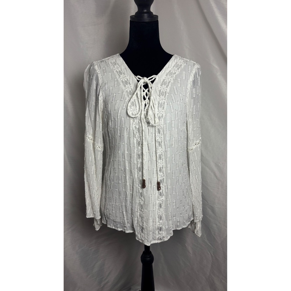 Idyllwind Peasant Top Womens Small White Good Boho Lace Up Bell Sleeve Metallic